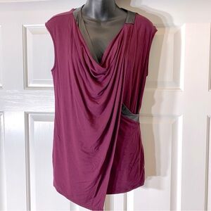 White House Black Market drape neck faux wrap too blouse, faux leather trim,Med